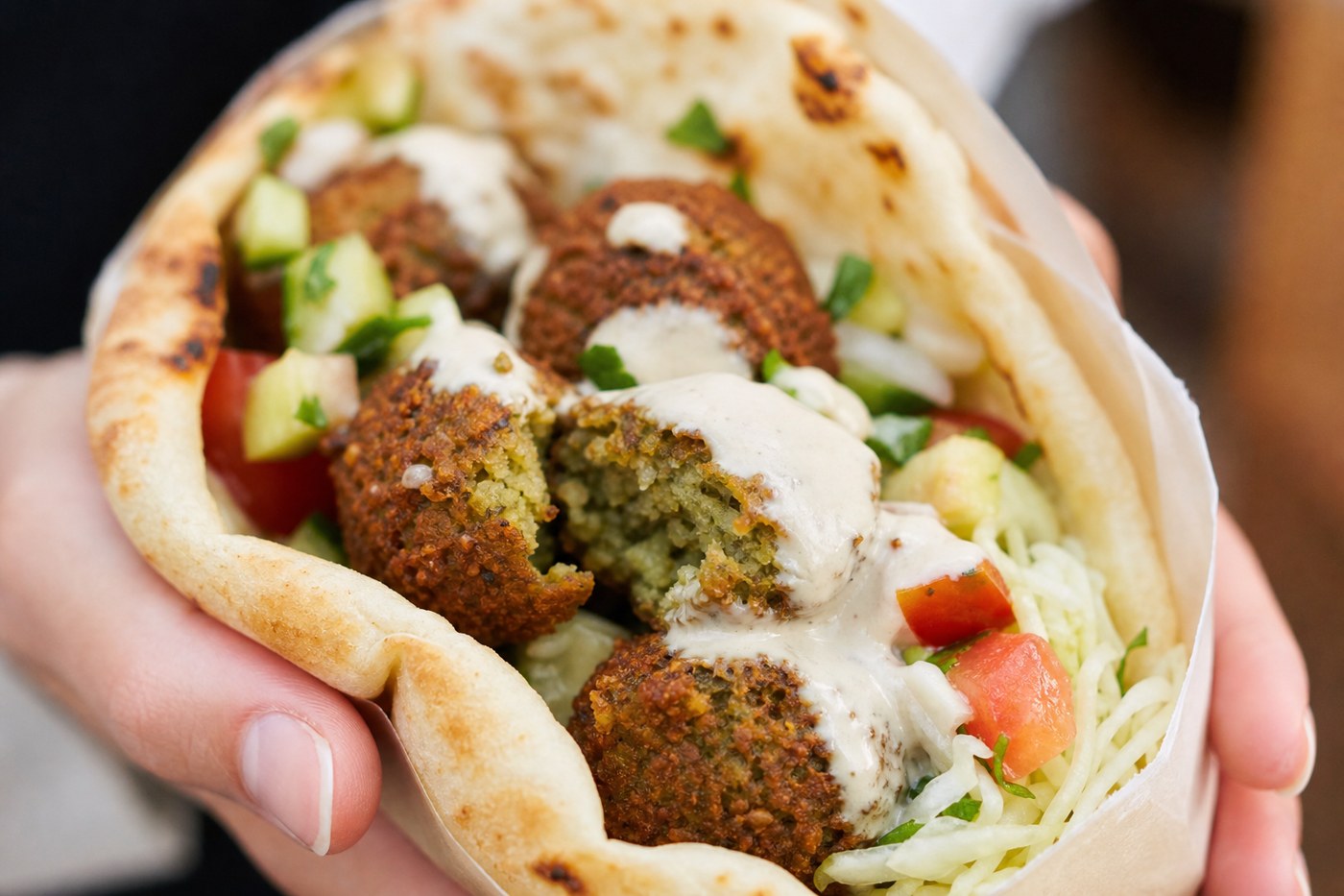 Crispy golden falafel balls in fresh pita