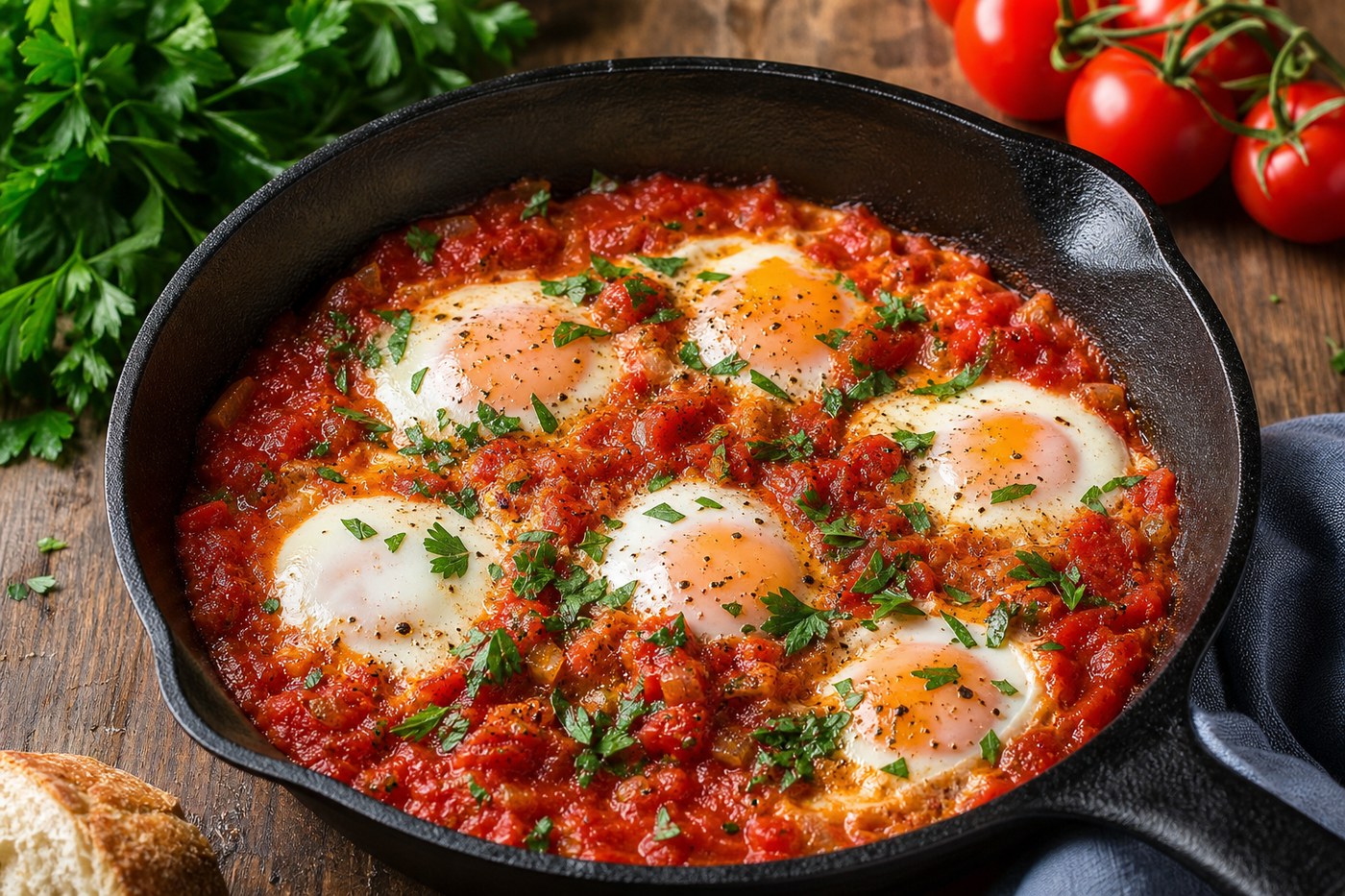 Green shakshuka with spinach and herbs