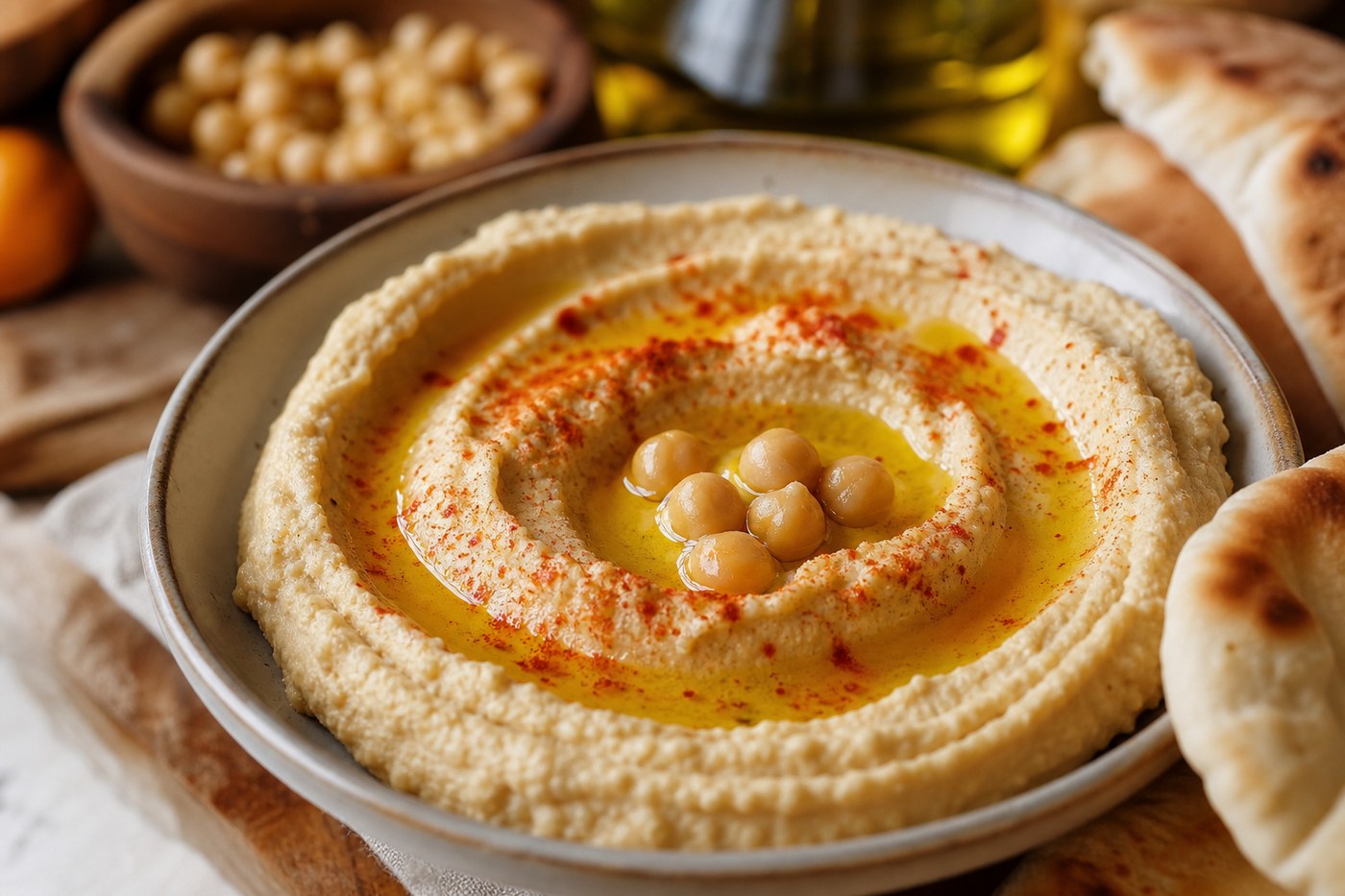 Creamy Jerusalem-style hummus with olive oil