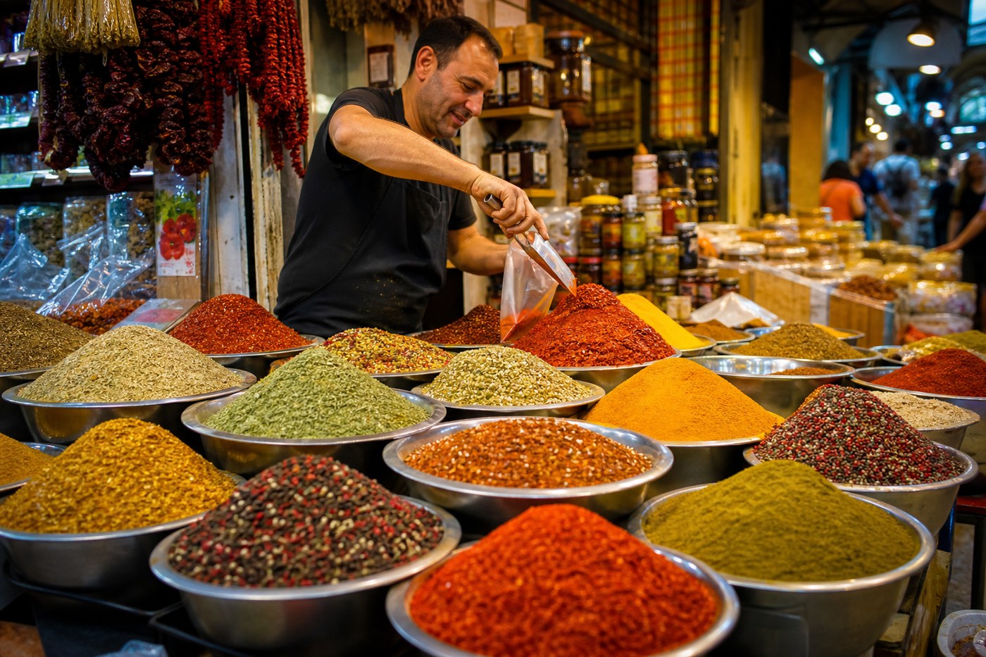 Carmel Market vendor selling spices